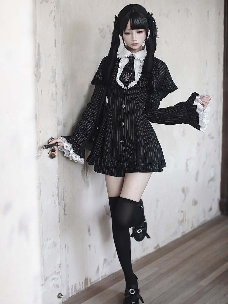 Embroidered Detachable Sleeves Black Bell with Ensemble Tie - Mini Dress Cape Shorts Kei Striped Jirai
