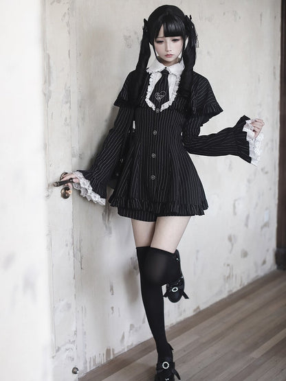 Embroidered Detachable Sleeves Black Bell with Ensemble Tie - Mini Dress Cape Shorts Kei Striped Jirai