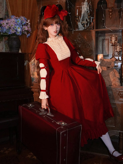 Ruffled Sleeves Dress Juliette and Version Beige Waist Boned Long Elegant Lolita Neck Red with