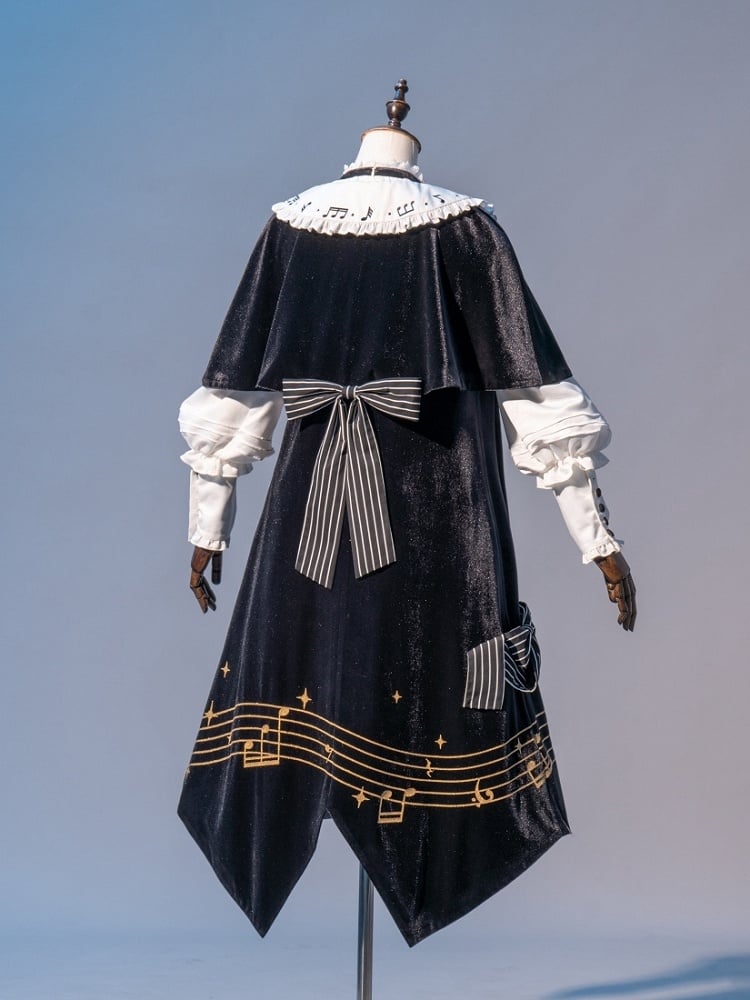 Black and White Ouji Lolita Full Set - White Shirt + Black Shorts + Musical Note Print Black Robe