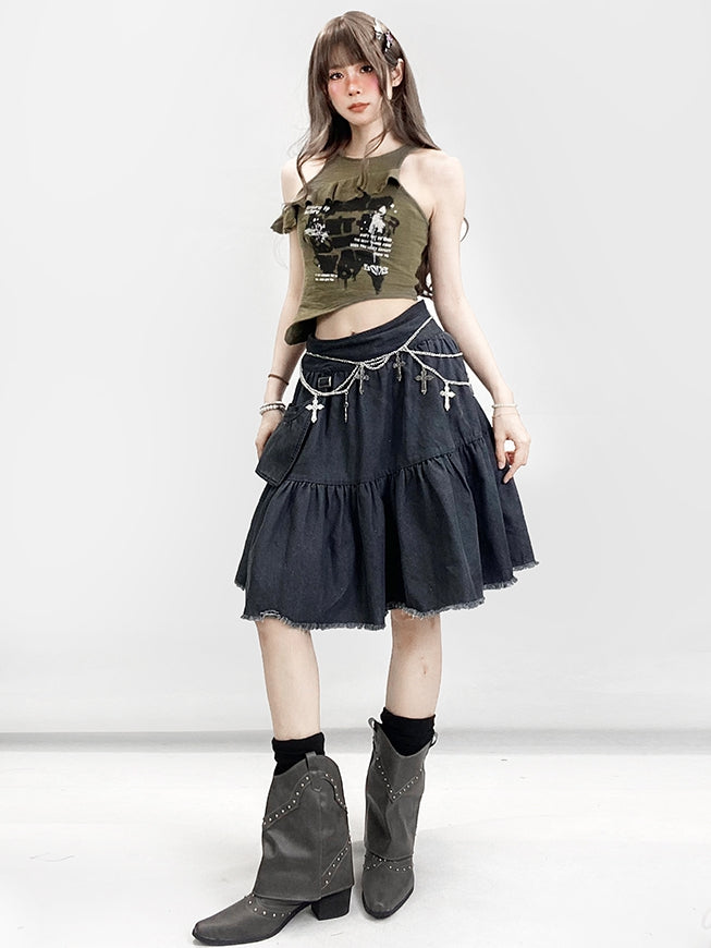 Saum Roh Bittersüß Verziert Grau Detail Dunkle Tasche Rock