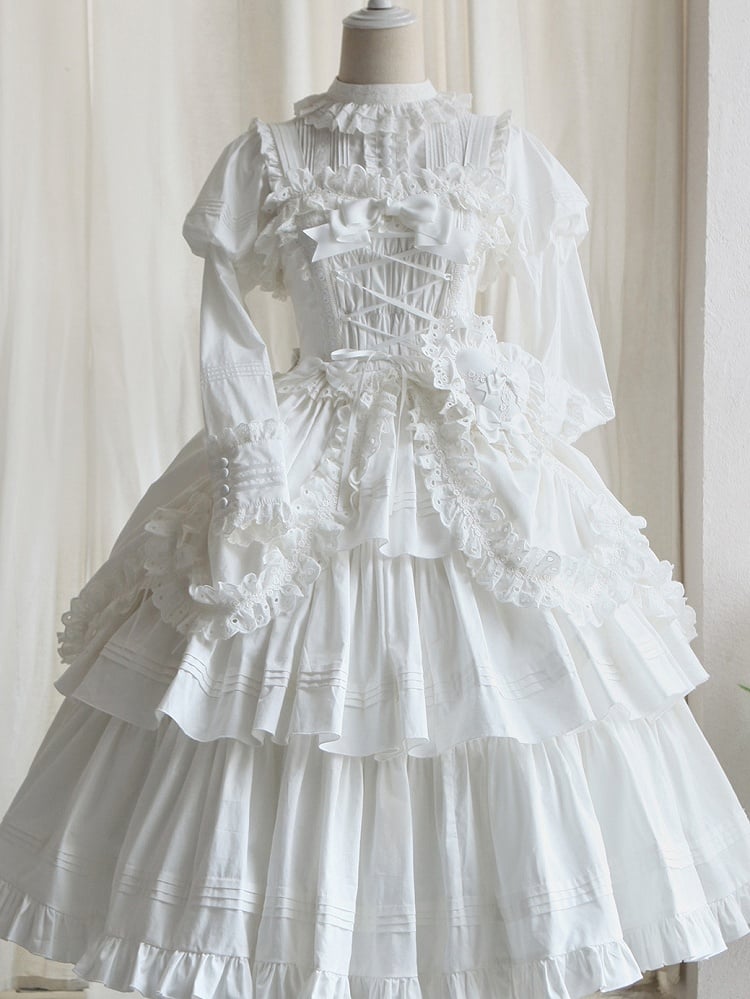 Decoration and Gothic White Heart-shaped Long Dress with Bowknots JSK Lolita Version Ruffled