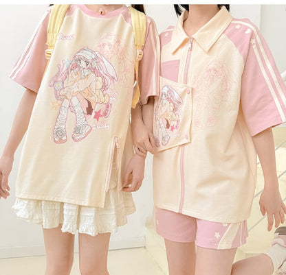 Beige and Pink Colorblock Design Shirt Anime Print Zip Bittersweet Closure Y2K