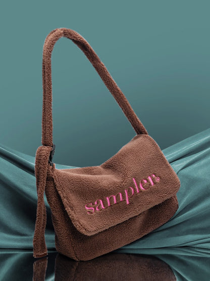 Letter Embroidered Fuzzy Tote Bag With Adjustable Strap - Perfect For Fall And Winter Brown