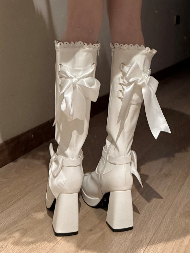 Boots Knee-high Lolita Elegant Heel Trim White 9cm PU with Scalloped