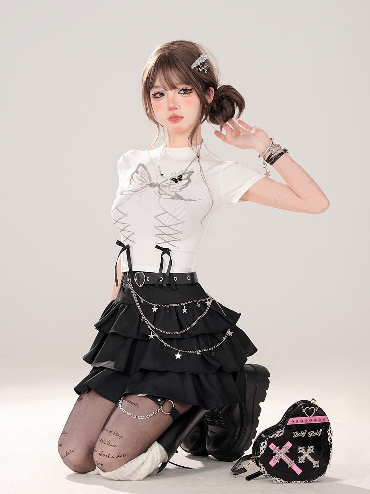 Chain Black Tiered Skirt with Heart Buckle Belt and Waist