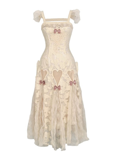 Cream Dress Goth Bows Slip Cutout Romantic Pink Heart Summer Light