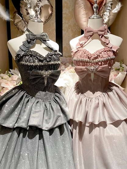 輝くグラデーションシルバーホルターネック スウィートハートネックライントップ + ロングスカート バースデーボールガウン