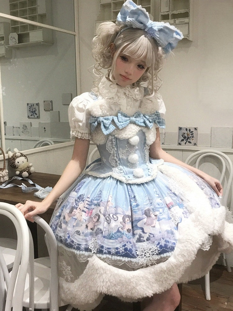 Penguin & Snow Print Lolita Jumper Skirt, Asymmetrical Overlay & Fluffy Detail - Lineall Cat