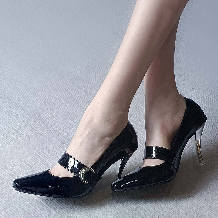 Klettverschluss-Akzent – ​​Schwarze High-Closure-Heels, eleganter Zehenbereich, mondförmiger spitzer Riemen