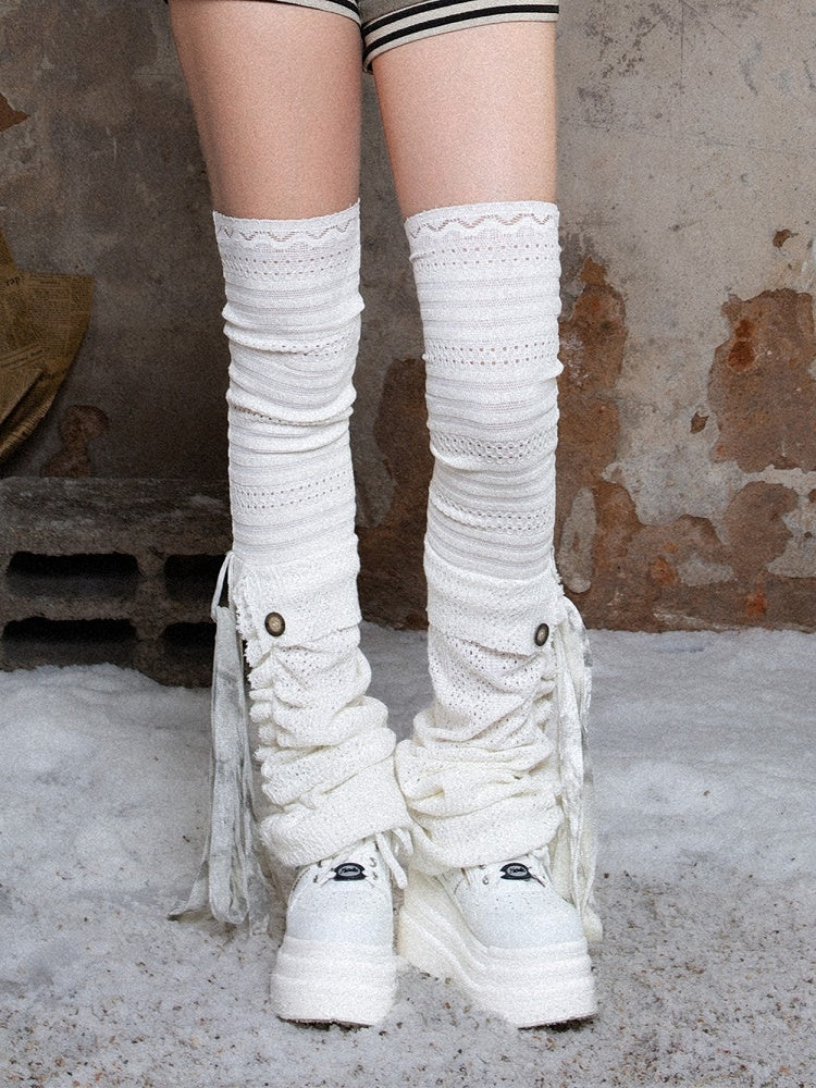 with Beige Y2K Self-tie Warmers Knit Leg Side Button Straps