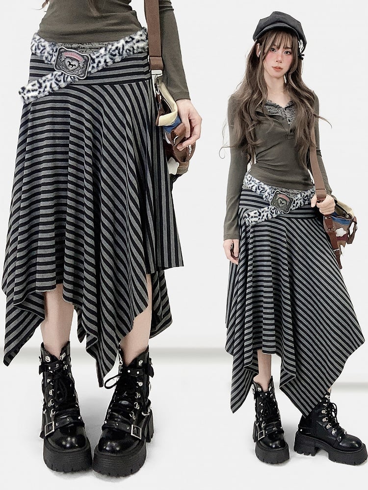 Striped Pattern Y2K Black Handkerchief Hem