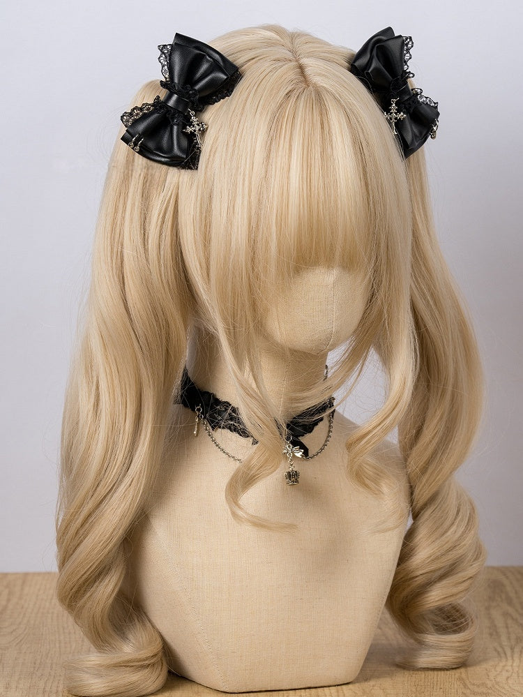 Charm with Cross Jirai / White Black Leather Lace Bow Hairclip Kei