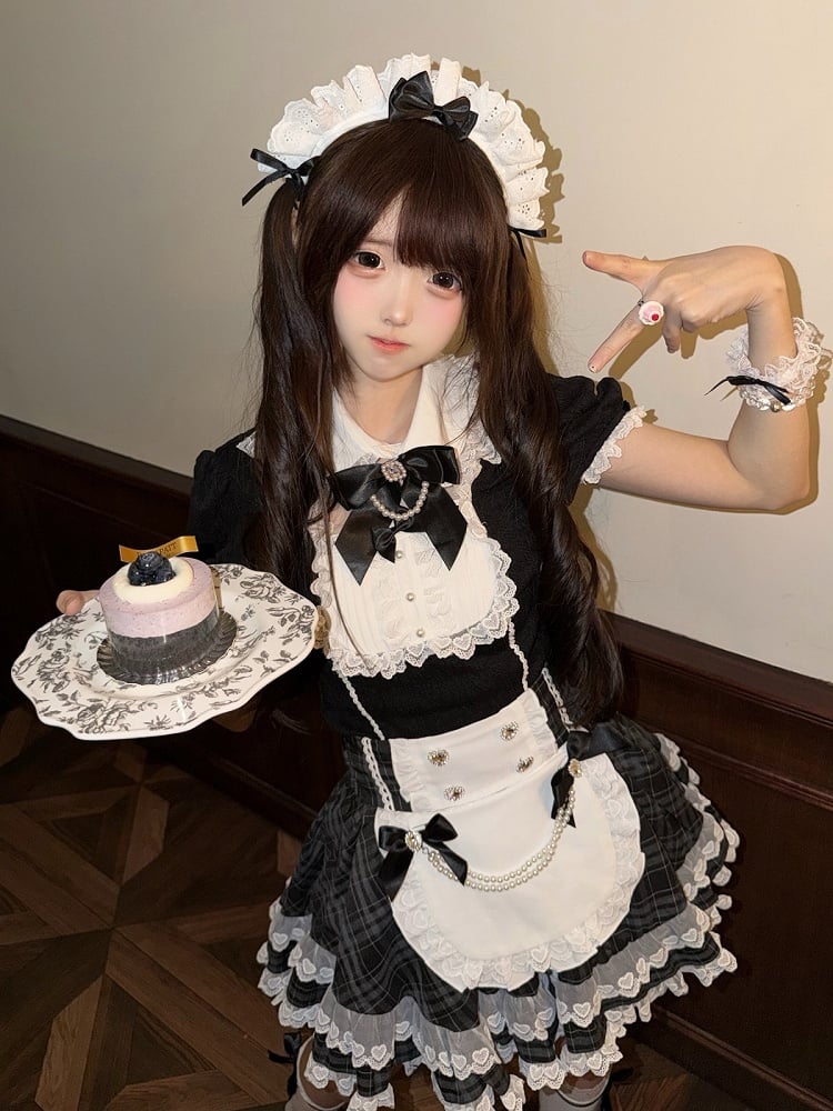 Bunny Ear Puff Sleeve Top with Lace & Bows, Black & White Maid Style - kukuwa