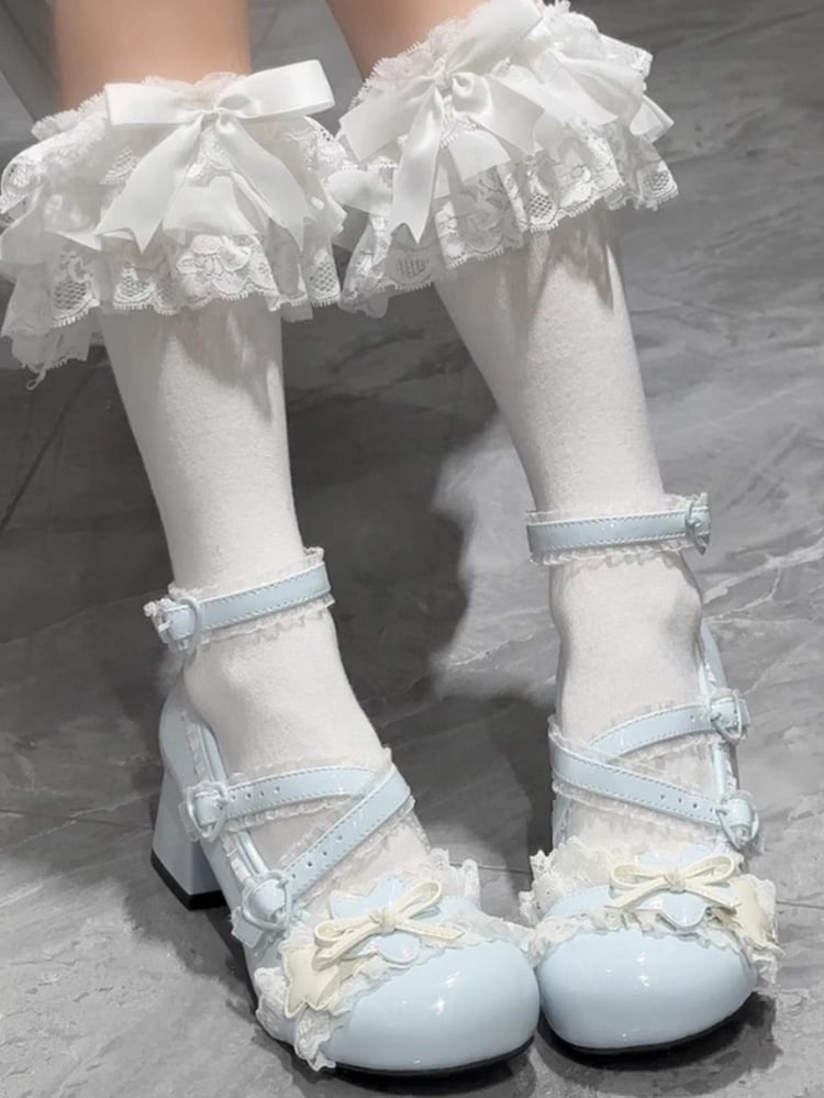 Socks Cuff Ruffle Blue/White/Pink Bow Calf Lace