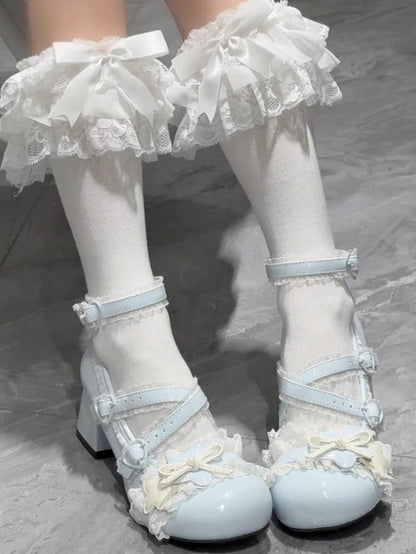 Socks Cuff Ruffle Blue/White/Pink Bow Calf Lace