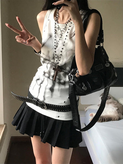 Subcultural Sleeveless Top White Deocr Metal Eyelet Print with