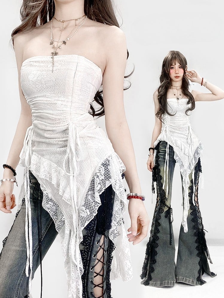 Lace Glamorous Trim Asymmetrical Top Strapless Hem Ruched Design White