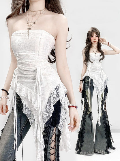 Lace Glamorous Trim Asymmetrical Top Strapless Hem Ruched Design White
