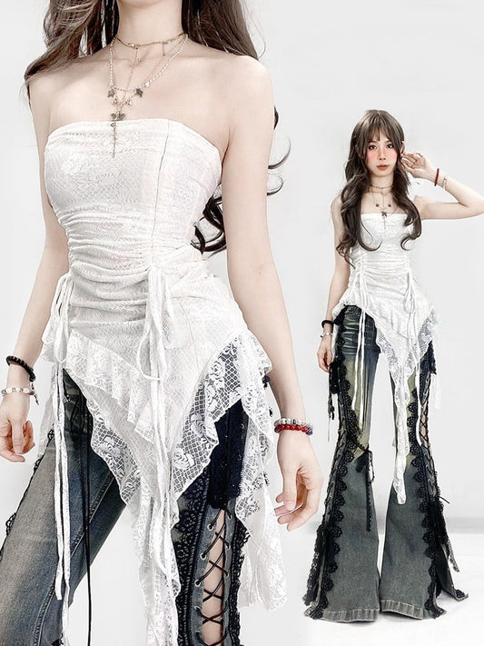 Lace Glamorous Trim Asymmetrical Top Strapless Hem Ruched Design White