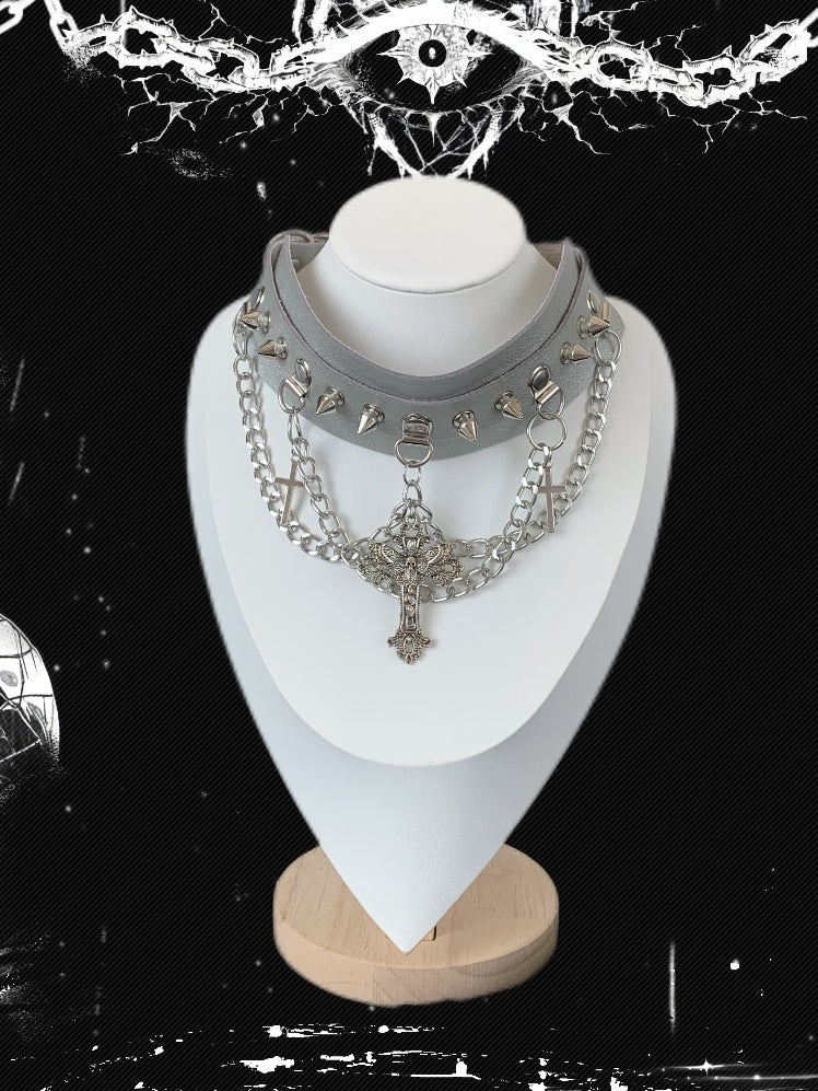Black/White/Gray Choker Studs Charm Details Cross