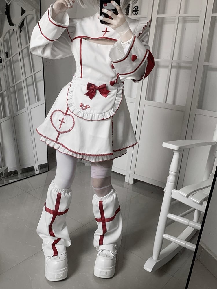 Maid Set: Halloween-themed Embroidery Buttons Cross Heart White Red Dress with + Kawaii Shorts Yami