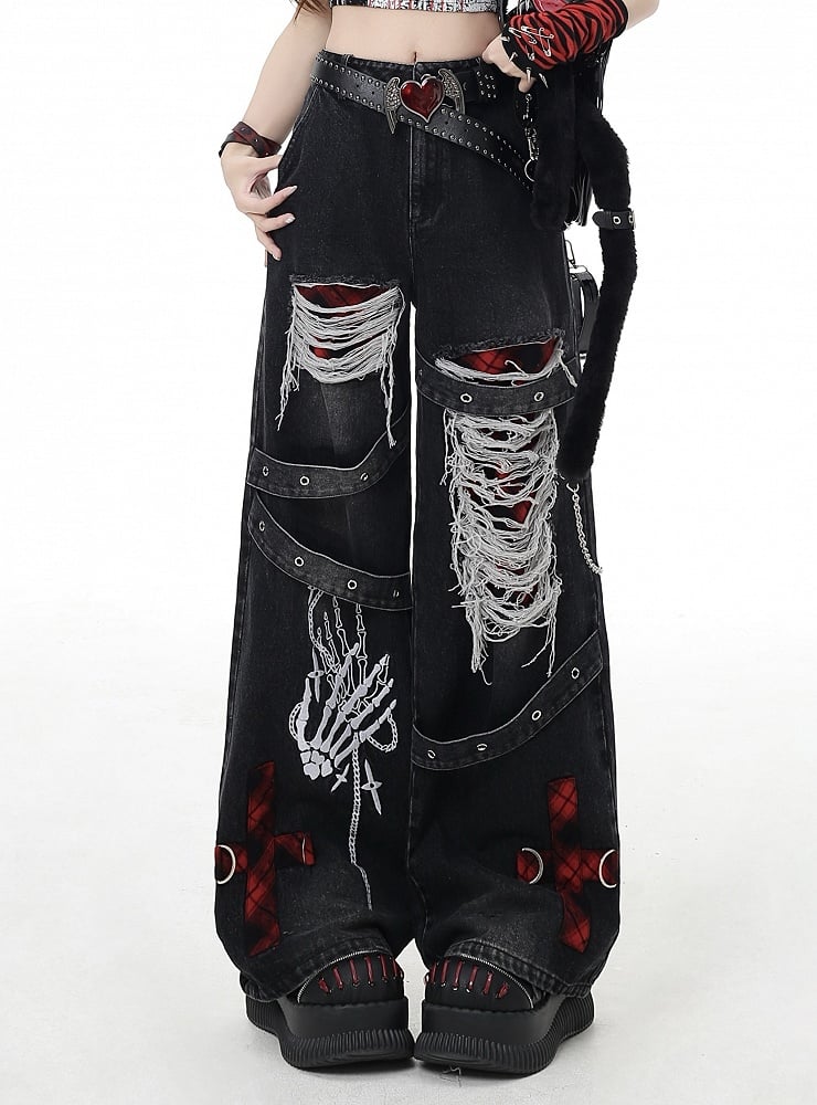 ワイドレッグ グレー/レッド チェック柄 ジーンズ フェード パンク ウォッシュ ダメージ加工 穴あき ヴィンテージ