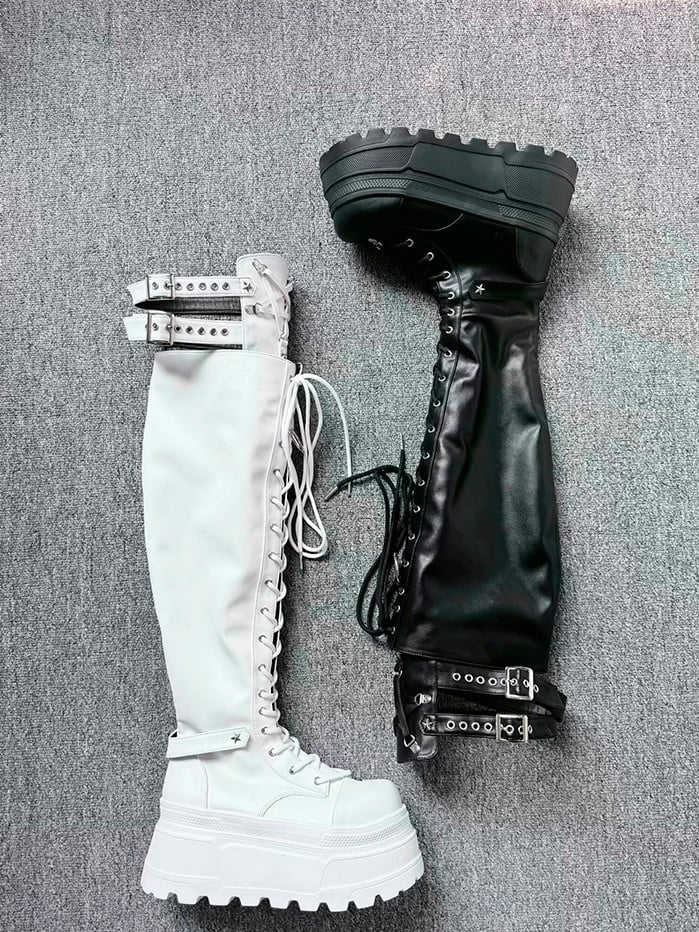 Star Boots Punk Thigh-high Strap Details Black Matte Y2K Platform