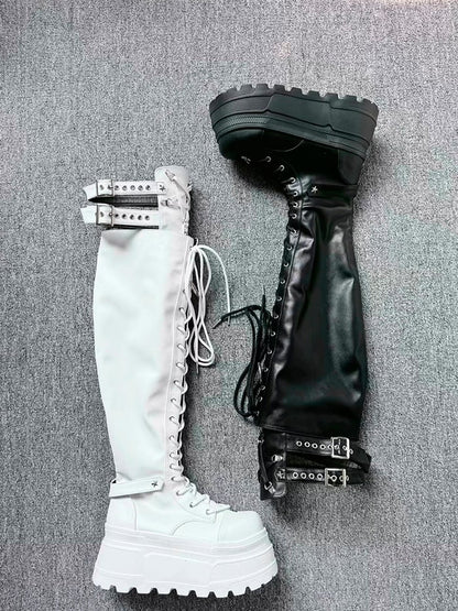 Star Boots Punk Thigh-high Strap Details Black Matte Y2K Platform