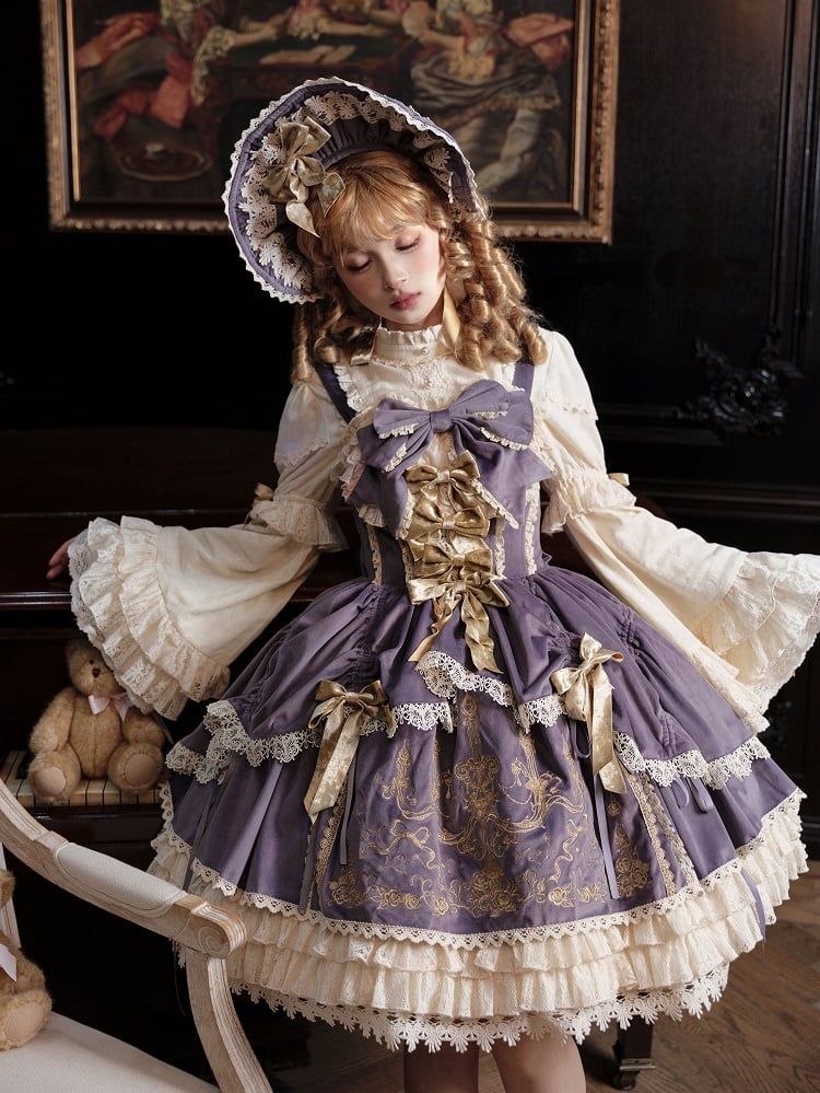Samtkleid Kerze JSK Dekoration Lolita Lila Stickerei Schleifen