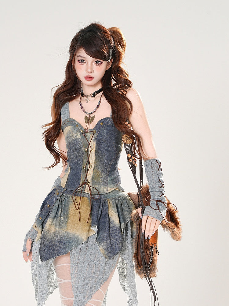 3点セット ブルー 油絵ピース レースアップフロント フード付きトップ +