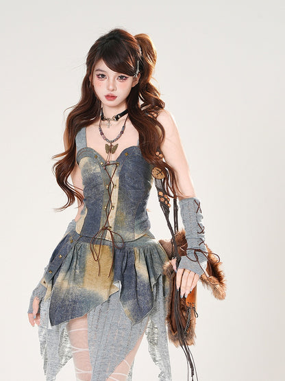 3点セット ブルー 油絵ピース レースアップフロント フード付きトップ +