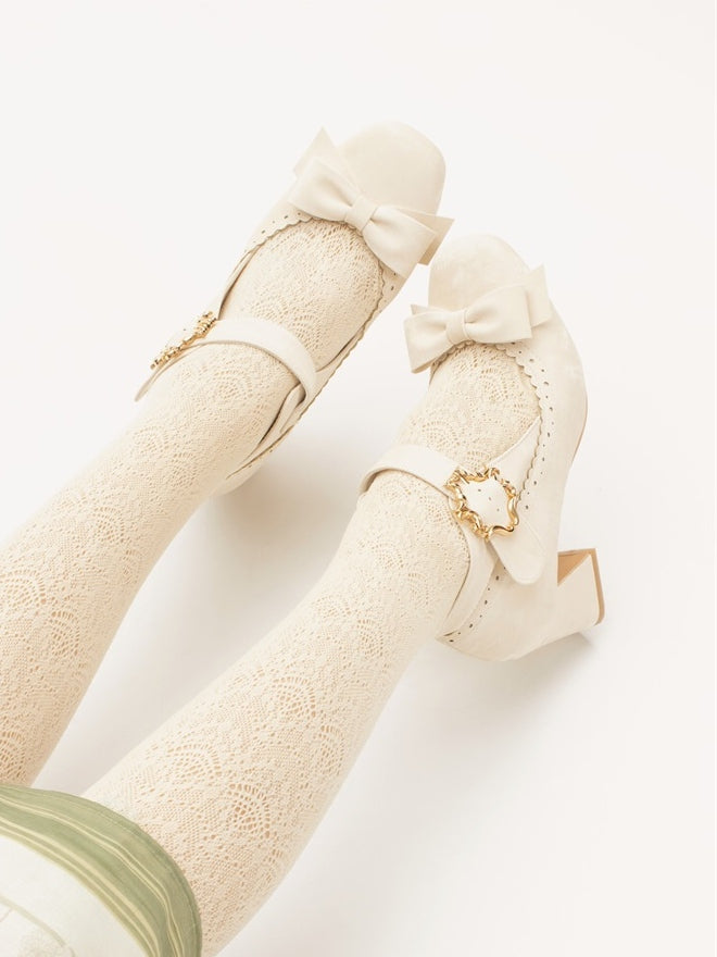 Embellishments Bow Shoes High Heel Delicate Block Classic Beige Lolita - Design