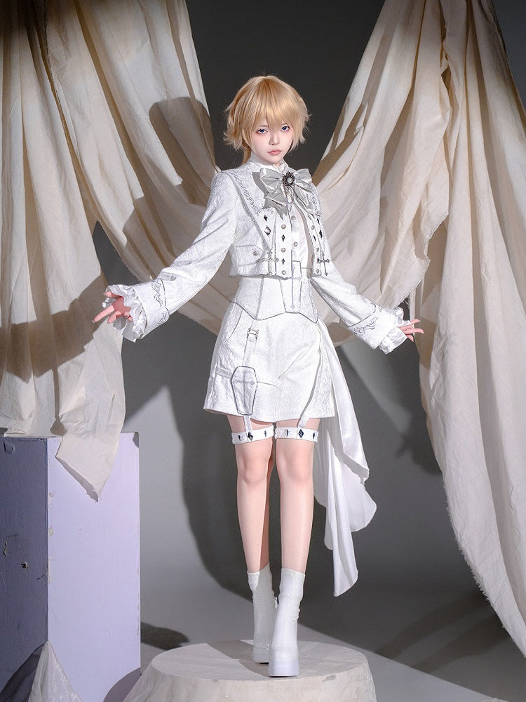 Silver & White Ouji Military Lolita Jacquard Cropped Coat + Cross Embroidery Asymmetric High Waist Shorts + Long Sleeves Shirt + Detachable Collar Set - Unknown Star