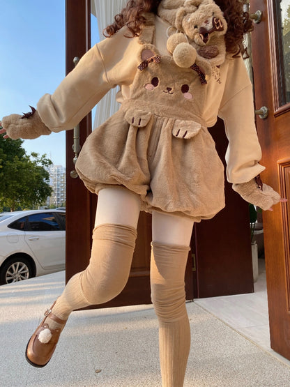 Kaffeefarbene, süße Teddybär-Kurzoverall-Shorts mit Schleifendetails
