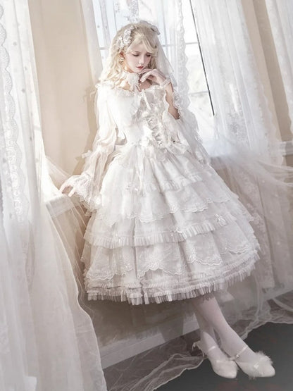 Skirt Scallop Embroidered Trim Ruffles Elegant White Lolita Classic Tiered