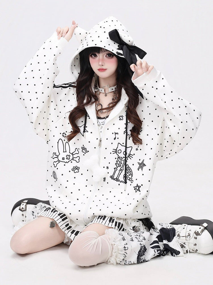 White Hooded Jacket with Skull Kitty, Polka Dot Pattern, Kitty Ears & Bone Charm - CRAZY GIRL
