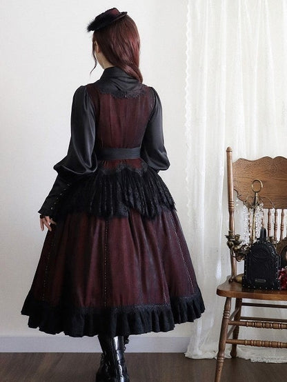 Details Dress with Square Neckline Embroidered Black Gothic Lace Red Lolita