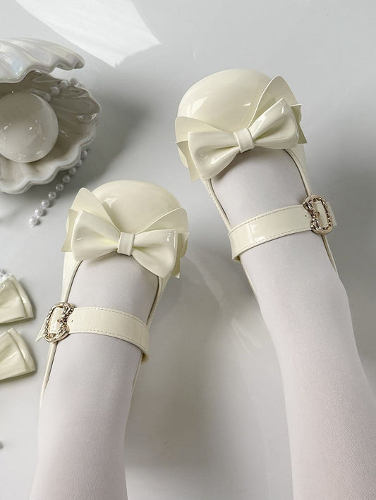 Height Shoes Lolita Sweet Clips White Bow Shoe in Toe 2cm Round Matching - Heel