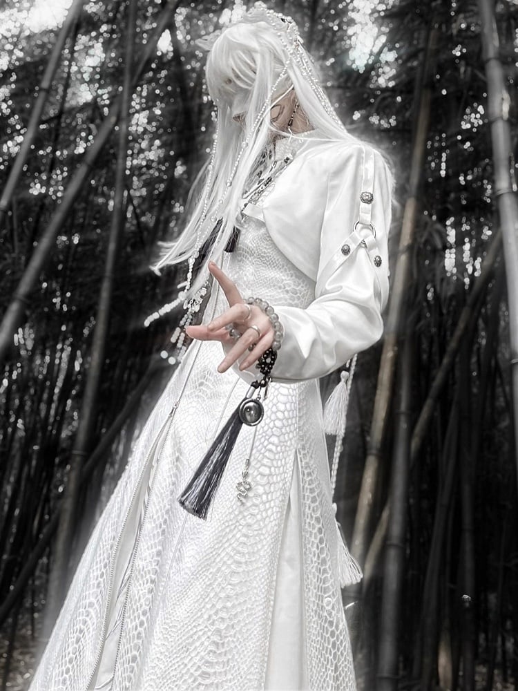 Snakeskin-grain Design Long Unisex Two-Piece Coat False - White Goth