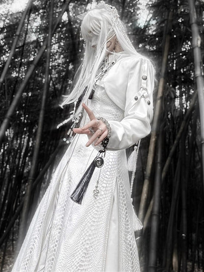 Snakeskin-grain Design Long Unisex Two-Piece Coat False - White Goth