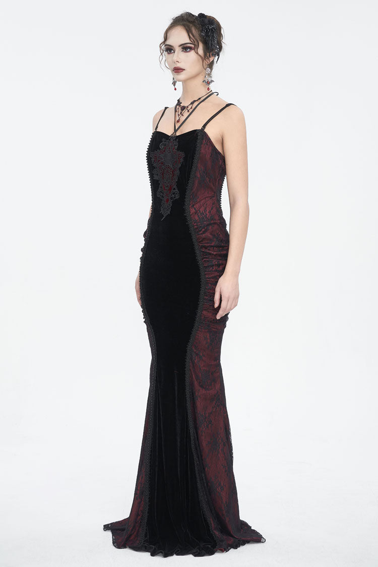 Black and Red High-Waisted Embroidered Women's Gothic Dress