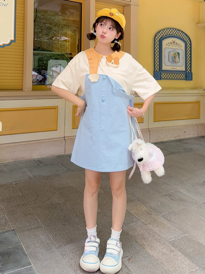 Zweiteiliges Kleid mit entzückendem Katzenkragen in Blau und Weiß mit Farbblock-Design