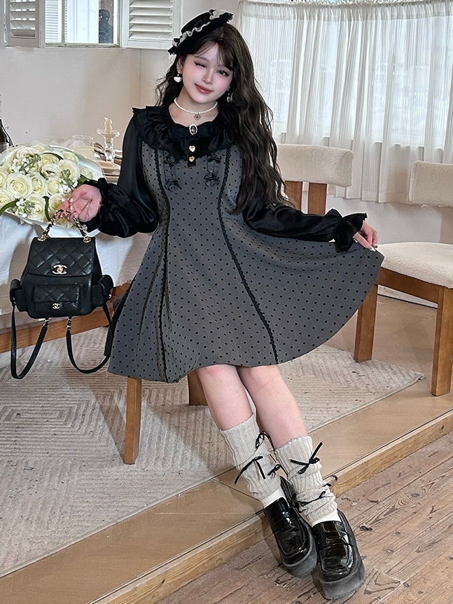 Plus Size Grey Bow Accents High Waist Polka-dot Pattern Dress