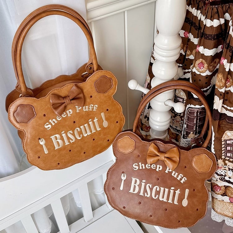 PU Light Brown Lolita Bear Cookie Bag with Fork & Spoon Embroidery