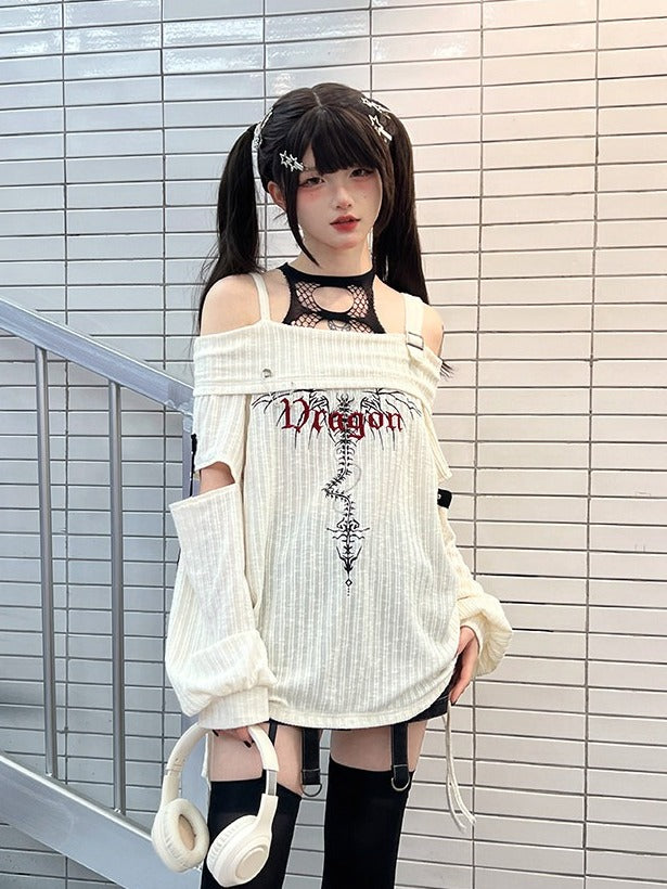 White Knit Letter Embroidery Off-Shoulder Top with Cutout - Tan Tuan