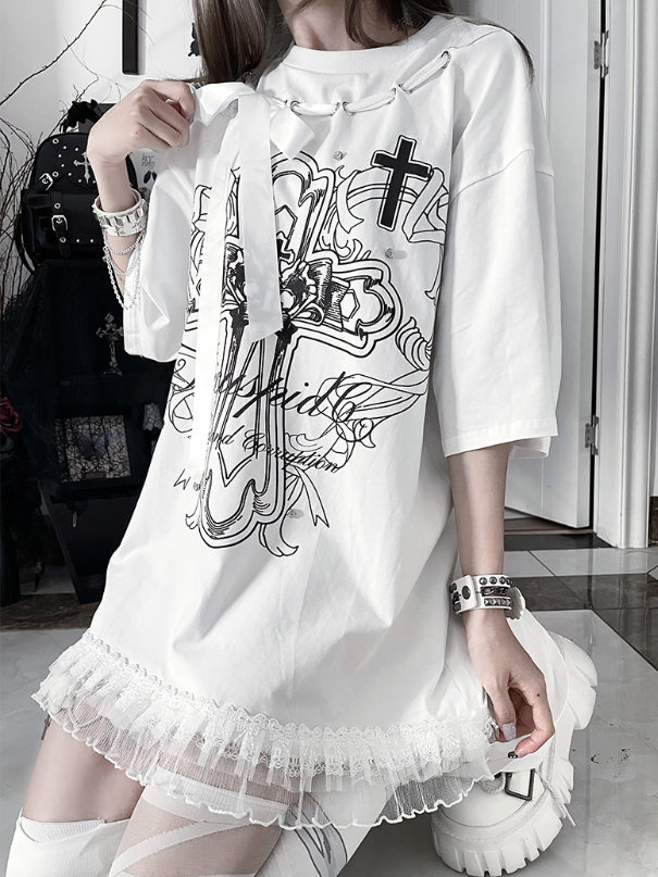 Black Bow Cotton PrintRibbon Cross T-Shirtwith Gothic White Neckline