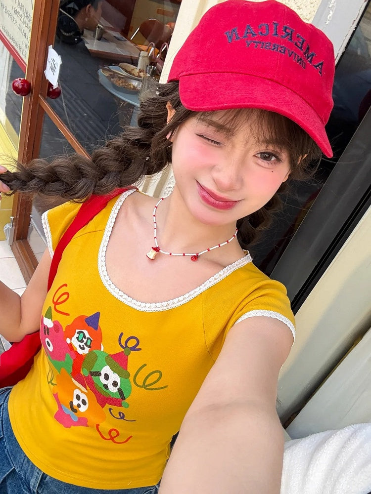 漫画プリントTシャツ ネックジンジャーレーストリムラウンド