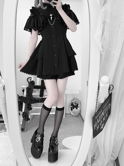 Black Jirai Kei Short Sleeve Two-Piece Set: Criss-Cross Illusion Neck Dress & Coord Shorts