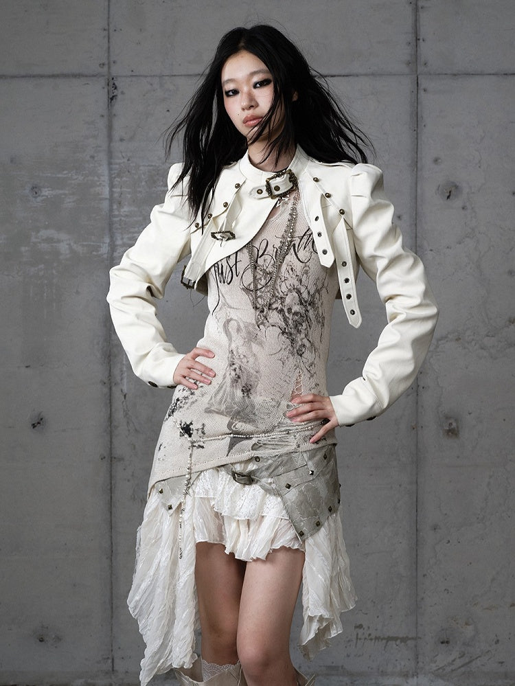 Buckled Punk Straps Crop Jacket with Collar Stand Beige Knight-Style